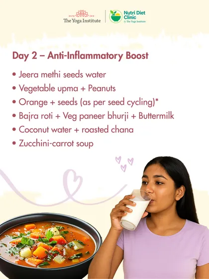 Day 2 of the PCOD/PCOS plan is designed for an anti-inflammatory boost. It includes jeera methi water, vegetable upma, and a nourishing zucchini-carrot soup to help reduce bloating and discomfort.