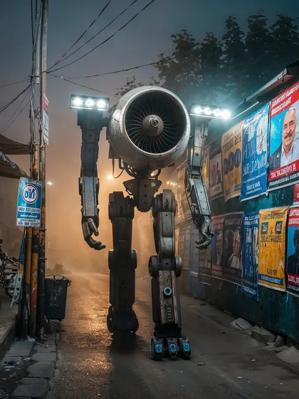 A 'Smogsucker' patrols a foggy alley lined with political posters. The juxtaposition of advanced robotics and the messy political landscape is a key theme in my work.
