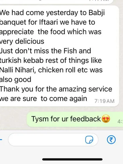 A lovely message from a customer who enjoyed their Iftaari with us. They highly recommend the Fish and Turkish Kebab and promise to come again.