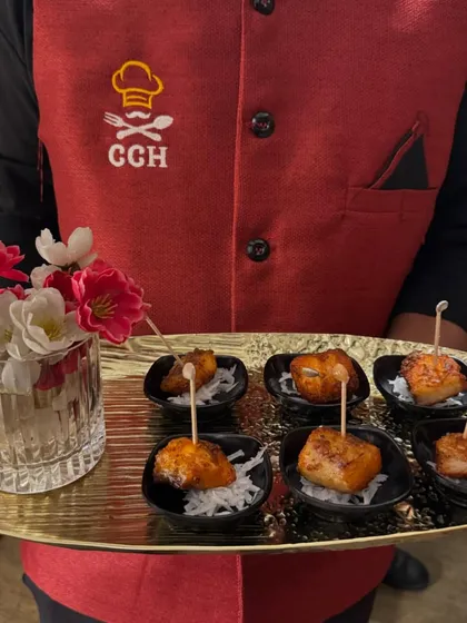 Deliciously crafted bites to elevate any gathering. Here we have tender Amritsari fish tikka, beautifully presented on a bed of shredded radish in individual bowls.