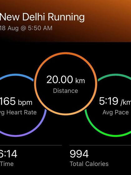 Garmin's data visualization of a 20km run, showing average heart rate and pace.