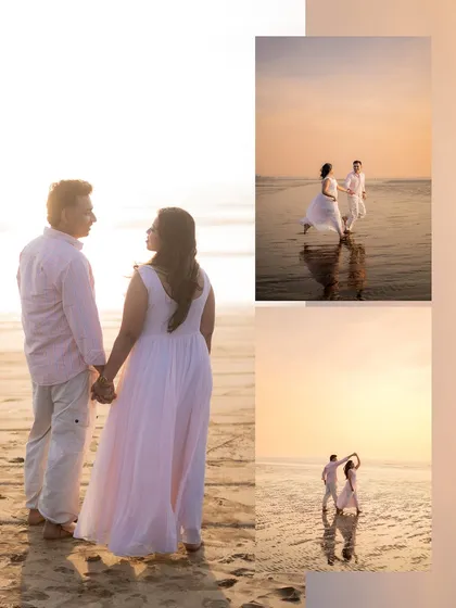An artistic collage from a beach pre-wedding session, focusing on the couple's silhouette against the sunset and their reflections in the wet sand.