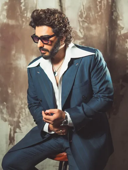 Another shot of Arjun Kapoor's retro suit, capturing the attitude and style of the ensemble. The look is about blending timeless craftsmanship with a contemporary, rebellious spirit.