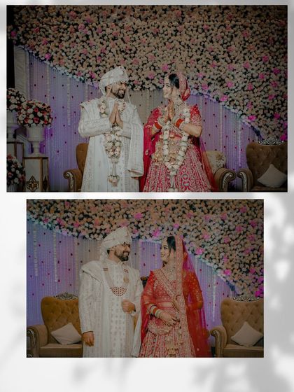 A collage of the couple during their jaimala ceremony on stage, capturing their interactions and the beautiful floral backdrop.