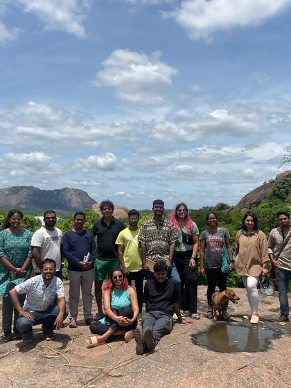 The team enjoying the landscape at our studio farm, a moment of connection with the nature that inspires us.