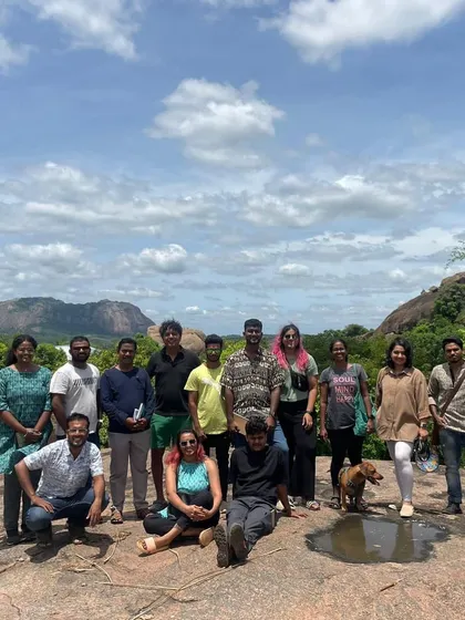 The team enjoying the landscape at our studio farm, a moment of connection with the nature that inspires us.