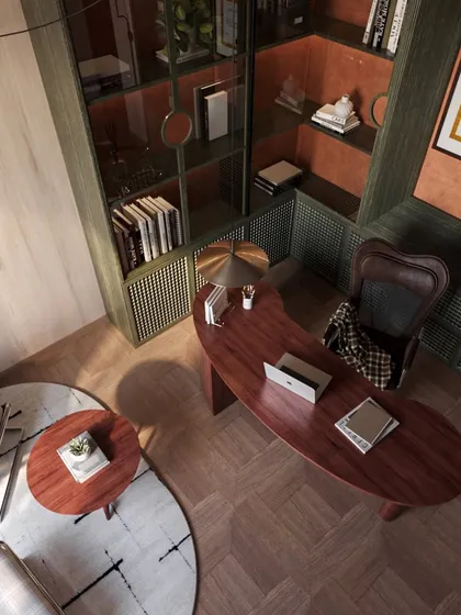 An overhead view showcases the unique, kidney-bean shape of the desk and the efficient layout of the workspace.