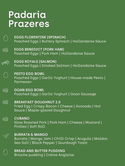 The full brunch menu from Padaria Prazeres, offering a range of egg dishes, hearty sandwiches like the Cubano, and sweet finishes.