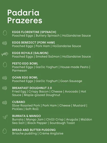 The full brunch menu from Padaria Prazeres, offering a range of egg dishes, hearty sandwiches like the Cubano, and sweet finishes.