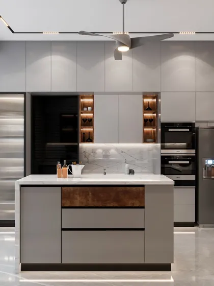 The kitchen features a central island that adds extra counter space and storage. The monochromatic palette and clean lines create a sophisticated and minimalist ambiance.