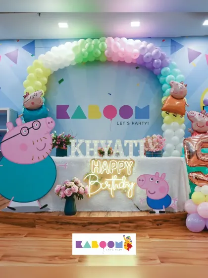 Let's jump in muddy puddles of fun with a Peppa Pig party! We bring the whole family to your celebration with colorful cutouts, a rainbow balloon arch, and a personalized neon birthday sign for that extra glow.