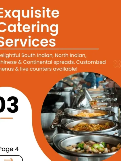 This graphic highlights our exquisite catering services, mentioning our diverse cuisine options like South Indian, North Indian, Chinese, and Continental spreads.