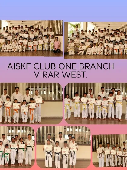 This collage provides an overview of our vibrant AISKF Club One branch in Virar West, showing students from all belt levels during their grading ceremony.