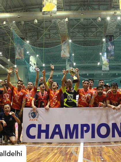 A moment of pure triumph as Goal Hunterz FC celebrates their victory in the Delhi Futsal League. We provide the platform where champions are crowned, offering a professional setting for prestigious tournaments.
