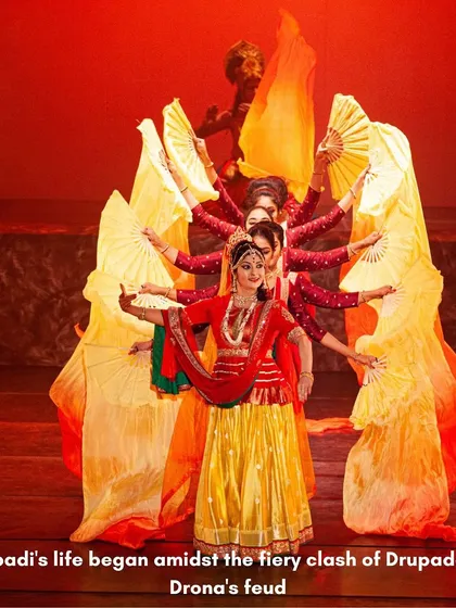 The birth of Draupadi from the sacrificial fire, a consequence of the feud between Drupada and Drona. This scene from 'Krishnaa - Fire to Frost' uses dramatic formations and vibrant colors to depict her fiery origins.