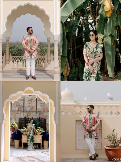 A collage of portraits of the couple from their Haldi event, showcasing their unique and stylish outfits against the palace backdrop.