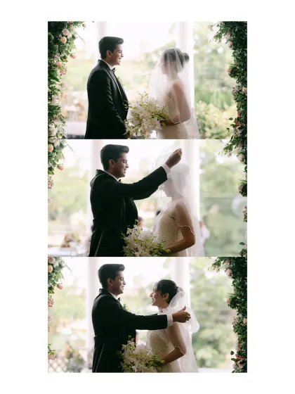 A touching three-part sequence where the groom lifts the bride's veil. The progression from anticipation to the joyful reveal is a classic, romantic moment captured perfectly.