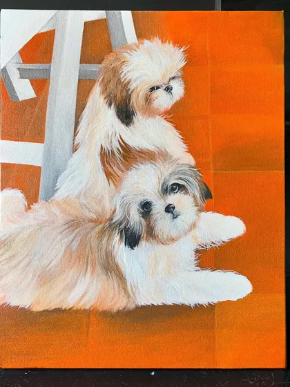 Capturing the adorable bond between these two sibling pups was pure joy. This acrylic on canvas portrait brings out their playful personalities and is a perfect example of the pet paintings I love to create.
