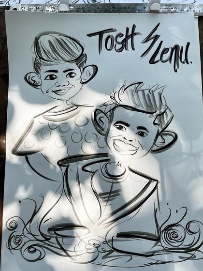 A fun caricature of two friends or brothers, showing their playful personalities with exaggerated features and big smiles.