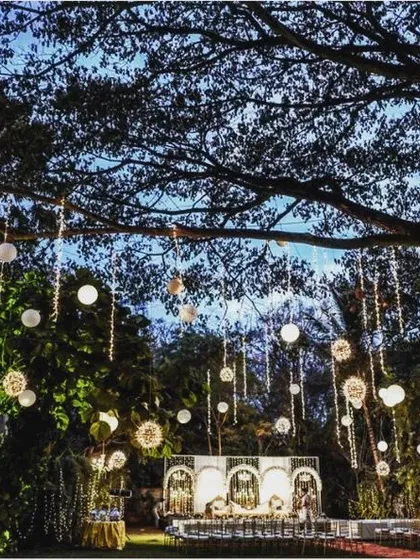 This image captures the magical ambiance of an evening wedding, with the stage lights twinkling beneath the dark branches of the trees.