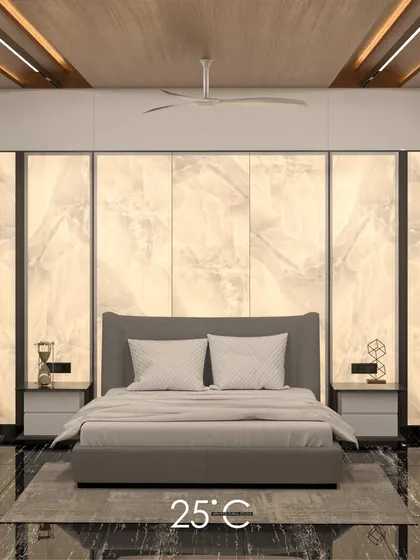 This bedroom design achieves a serene and luxurious feel with a backlit alabaster-style panel behind the bed. The soft, diffused light creates a calming glow, complemented by the sleek black marble flooring and minimalist furniture.