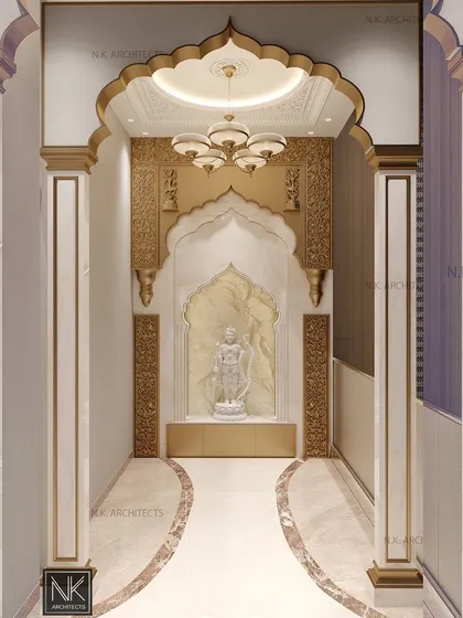 A home's spiritual center deserves special attention. We designed this traditional mandir as a sacred space for peace and reflection, featuring intricate carvings, beautiful flooring inlay, and a grand dome to create a sense of timeless beauty.