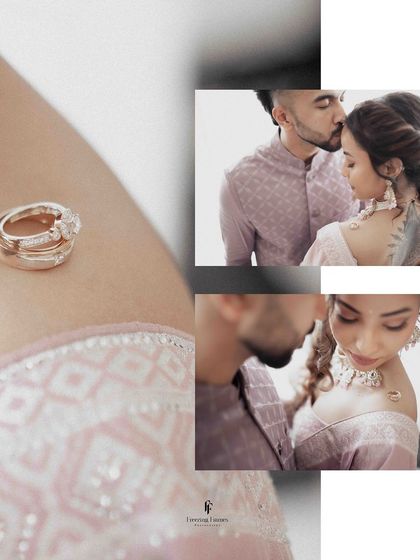 A creative collage focusing on the engagement rings, with one placed on the bride's shoulder, alongside intimate portraits of the couple.