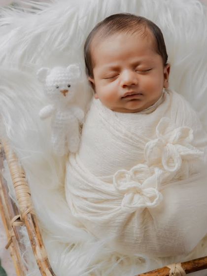 A closer look at the sleeping newborn in the basket, with a tiny teddy bear tucked in beside him for extra sweetness.
