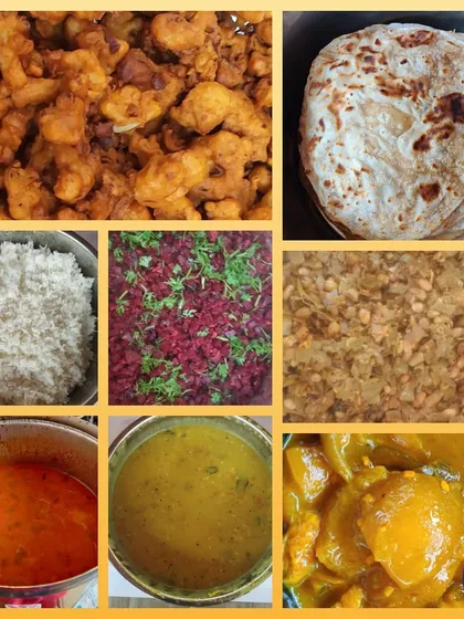 I also cater to larger gatherings and office events. This is a glimpse of a customized lunch I prepared for 35 people, featuring a variety of dishes like chapati, gojju, rice, beetroot palya, and more, ensuring everyone gets a taste of wholesome food.