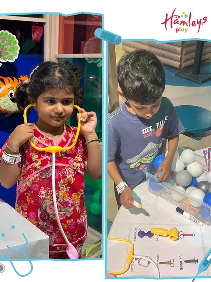 A collage showing our little doctors in action! One child listens with a stethoscope while another identifies medical tools. These hands-on activities make learning about being a doctor so much fun.