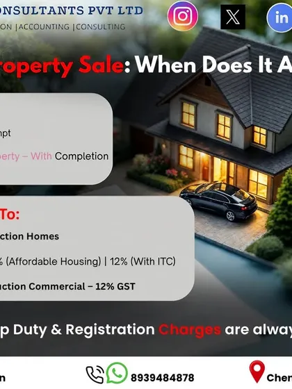 Buying or selling property involves complex tax rules. This visual breaks down when GST applies, such as for under-construction homes, and when it's exempt, like for completed properties. I provide clear guidance on property-related taxes, including stamp duty and registration.