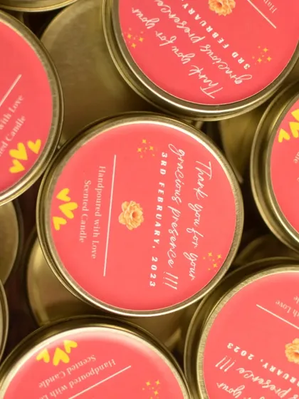 A close-up of the custom labels I designed for my daughter's birthday return gifts. It's a great example of how we can personalize candles to level up your gifting game.