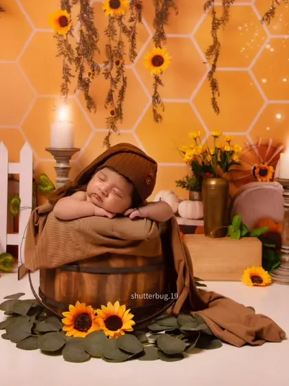 A sweet newborn naps peacefully in a wooden bucket, surrounded by sunflowers and a warm, honeycomb-patterned backdrop. This is one of our most cheerful and detailed themed setups.