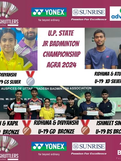 **Multiple Medals at U.P. Junior State Championship.** A collage celebrating our players' silver and bronze medal wins in singles and doubles categories at the championship in Agra.