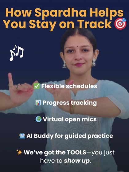 Here's how Spardha helps you stay on track. We offer flexible schedules, progress tracking, virtual open mics, and an AI Buddy for guided practice.