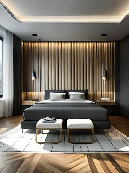 A minimalist bedroom with a large window offering city views. The design uses a slatted wood headboard wall and a low-profile bed to create a sense of spaciousness.
