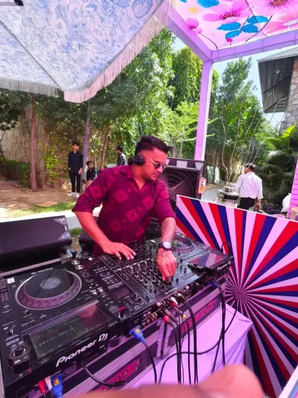 At the console for a colorful mehndi event in Pushkar. The vibrant decor and outdoor setting created a fantastic atmosphere for the celebration.