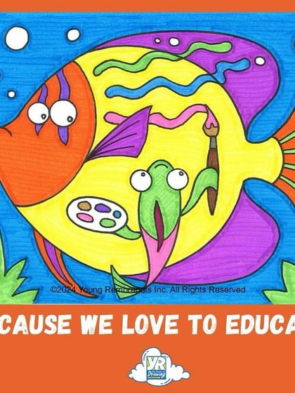We love to educate. This whimsical drawing of a small fish painting a larger fish embodies our mission to teach and empower others through art.