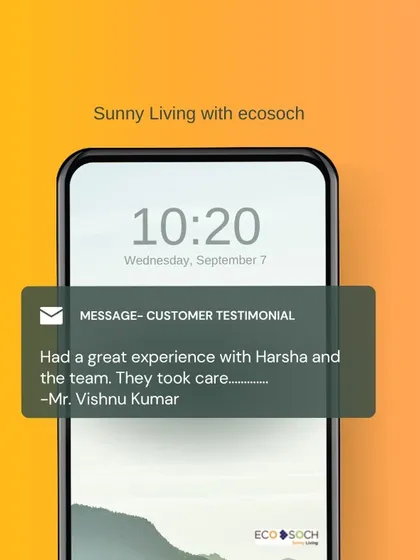 Hearing positive feedback from our customers, like this message from Mr. Vishnu Kumar, is what drives us. We pride ourselves on managing the entire process, from system sizing and regulatory paperwork to a quality implementation, ensuring a great experience and a responsive partnership.