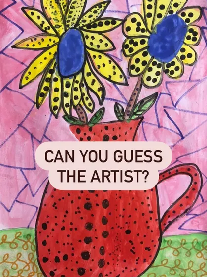 "Can you guess the artist?" A final image from our Yayoi Kusama-inspired project, showcasing a student's dotted flower vase painting.