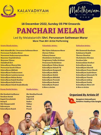 A poster detailing the lineup for 'Melothsavam 2022', a mega Panchari Melam featuring over 80 artists led by Melakalanidhi Shri Peruvanam Satheesan Marar.