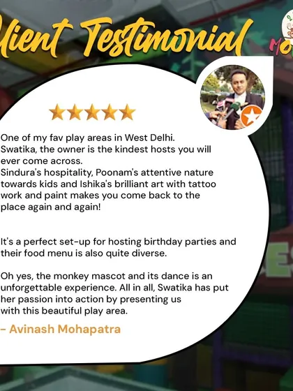 Hearing from happy parents is the best part of my job! This wonderful review from Avinash really captures what I strive for: a kind and attentive team, a perfect setup for parties, and unforgettable moments like dancing with our monkey mascot. It makes all the hard work worth it.