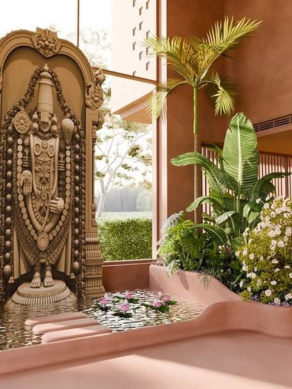 A close-up of the Lord Balaji sanctum, where the deity rises in grace from a pool of water and lotus flowers. This sacred space grounds the entire restaurant and retreat in spirituality.