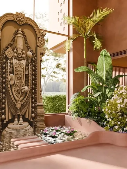 A close-up of the Lord Balaji sanctum, where the deity rises in grace from a pool of water and lotus flowers. This sacred space grounds the entire restaurant and retreat in spirituality.