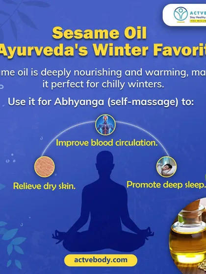 Sesame oil is Ayurveda's winter favorite for a reason. This graphic explains how this deeply nourishing and warming oil is perfect for Abhyanga (self-massage) to relieve dry skin, improve circulation, and promote deep sleep.