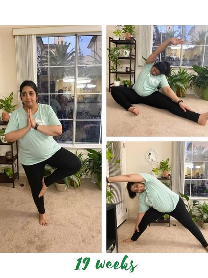 This mama at 19 weeks is surrounded by plants, bringing a sense of calm to her practice of balancing and stretching.