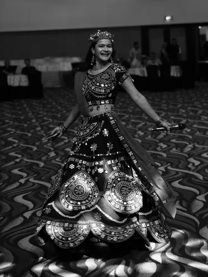 A classic black and white photo capturing my joy while hosting a Navratri event.