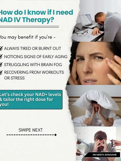 How do you know if you need NAD+ IV Therapy? You may benefit if you're always tired, noticing early signs of aging, struggling with brain fog, or need help recovering from stress or workouts. We can check your levels and tailor the right dose for you.
