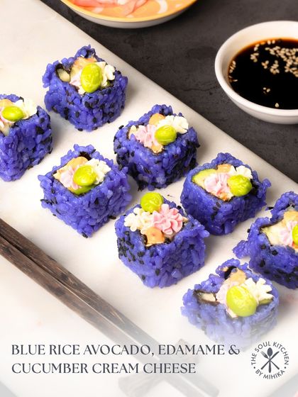 Meet the prettiest sushi on your feed. My Blue Rice sushi is made with creamy avocado, edamame, and cucumber cream cheese.