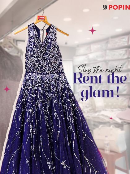 Slay the night, rent the glam. This graphic features a stunning purple sequined gown, perfect for a cocktail party or reception.